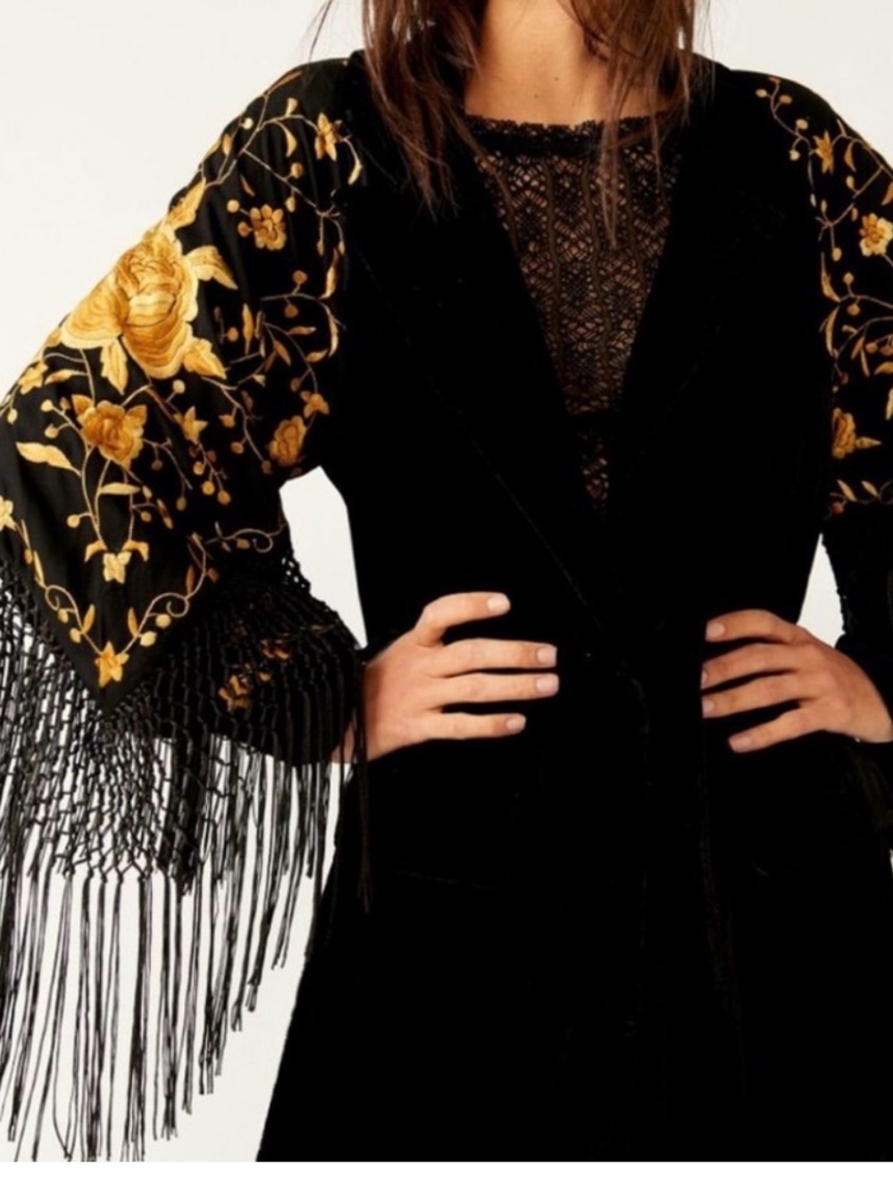 Free People Black Velvet Duster jacket with Gold Floral Embroidered Sleeves